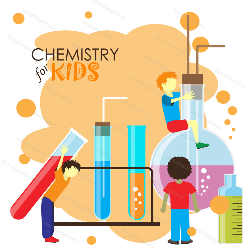 Kids play with chemical flask and laboratory equipment. Vector illustration. Set of education and school concepts.
