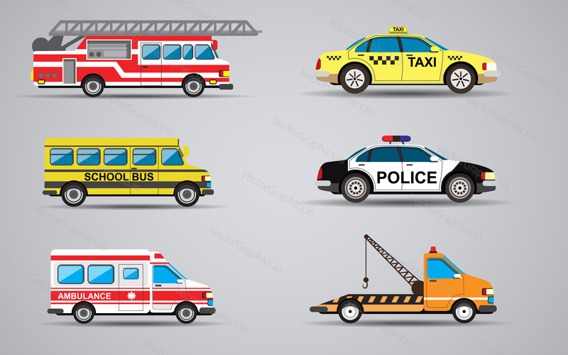 Vector set of the isolated transport icons. Fire truck, ambulance, police car, truck for transportation faulty cars, school bus, taxi