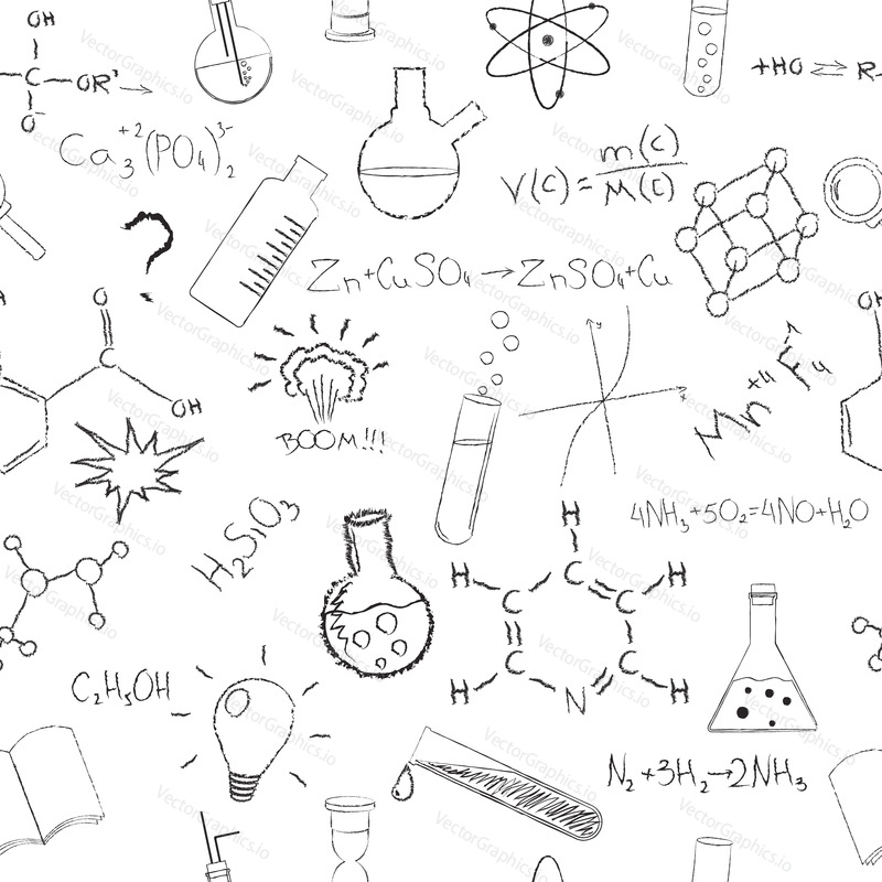 Chemistry formulas and flasks on white background. Seamless pattern. Vector illustration.