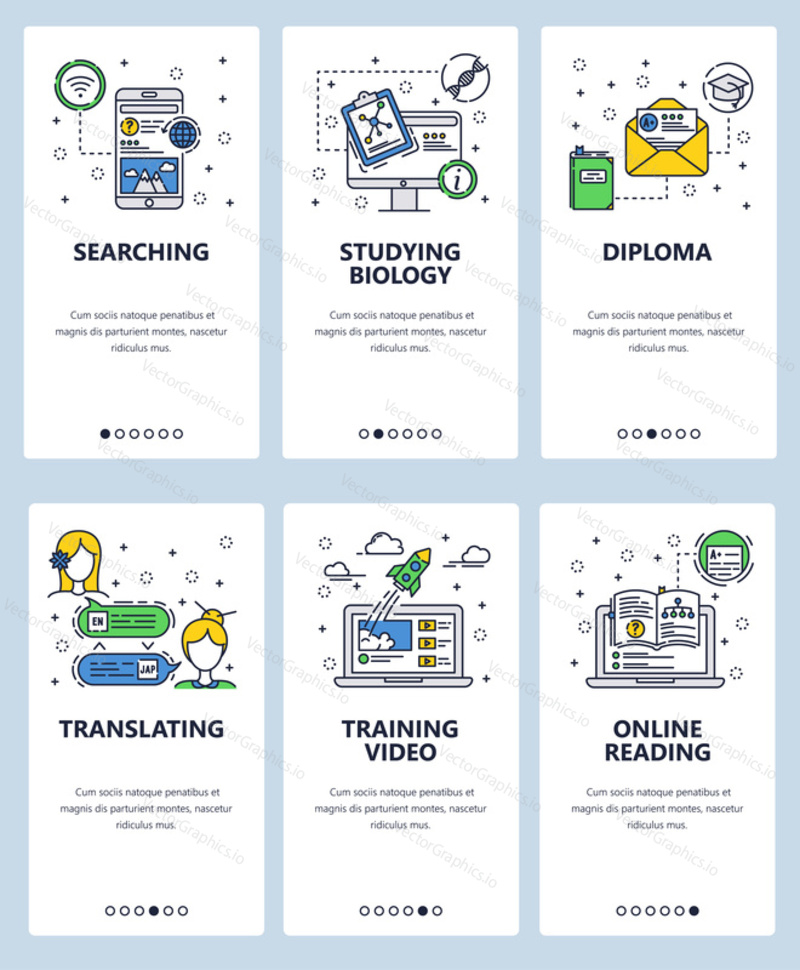 Vector web site linear art onboarding screens template. Online education and e-learning icons. Menu banners for website and mobile app development. Modern design flat illustration
