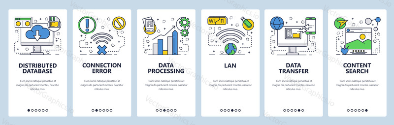 Web site onboarding screens. Online services, distributed database, cloud storage, wireless networks and data transfer. Menu vector banner template for website and mobile app development. flat illustration