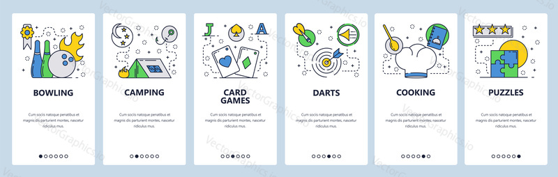 Web site onboarding screens. Leisure time, hobby and sport games icons. Menu vector banner template for website and mobile app development. Modern design flat illustration
