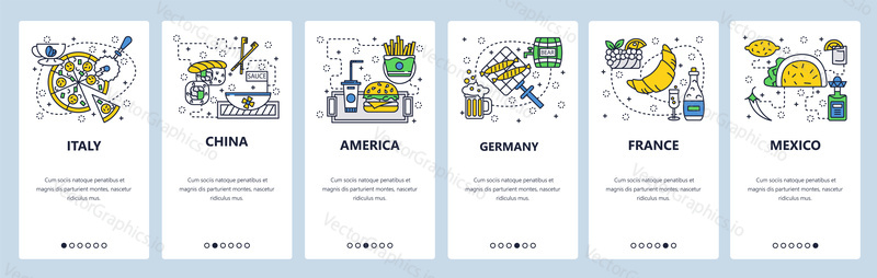 Web site onboarding screens. World countries cuisine, italy, germany, china. Travel concept. Menu vector banner template for website and mobile app development.