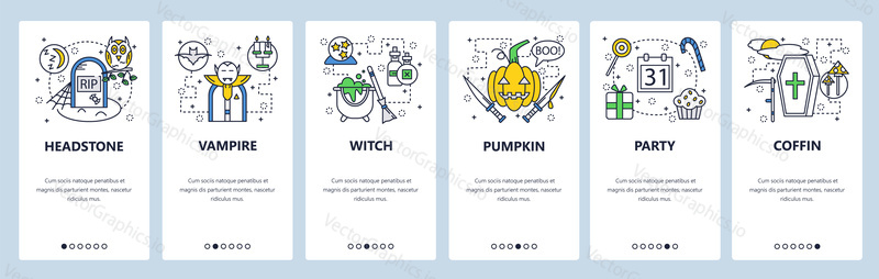 Web site onboarding screens. Halloween party with vampire, pumpkin and witch. Menu vector banner template for website and mobile app development. Modern design linear art flat illustration