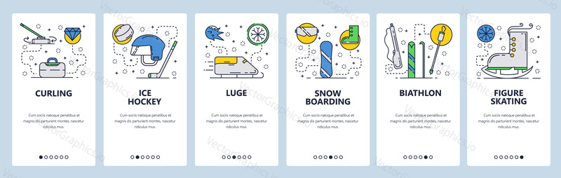 Web site onboarding screens. Winter sport, ice hockey, snowboarding, biathlon and figure skating. Menu vector banner template for website and mobile app development.