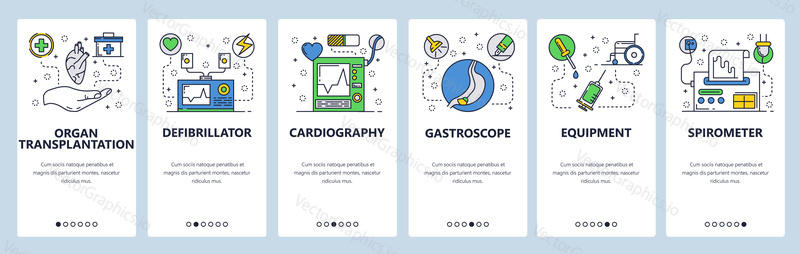 Web site onboarding screens. Medical equipment and hospital tools. Medicine and healthcare icons. Menu vector banner template for website and mobile app development. Modern design flat illustration