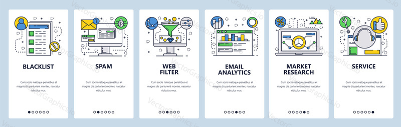 Web site onboarding screens. Web services, spam, email analyrics and filtering. Market research. Menu vector banner template for website and mobile app development. Modern design flat illustration