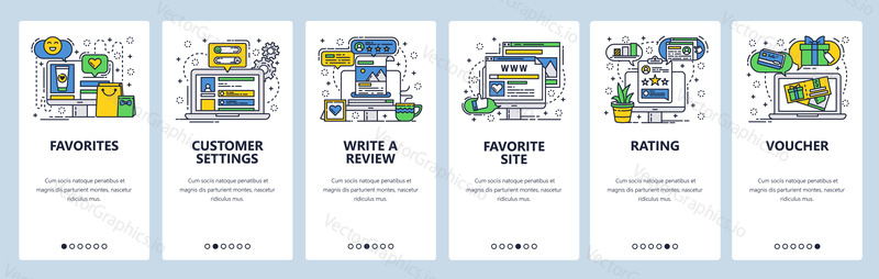 Web site onboarding screens. Online shopping and customer review. Shop rating and client feedback. Menu vector banner template for website and mobile app development. flat illustration