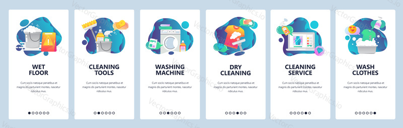Web site onboarding screens. Cleaning, floor, washing clothes and dry laundry. Menu vector banner template for website and mobile app development. Modern design flat illustration