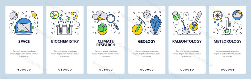 Web site onboarding screens. Science and space exploration. Chemistry, weather, geology, meteorology. Menu vector banner template for website and mobile app development