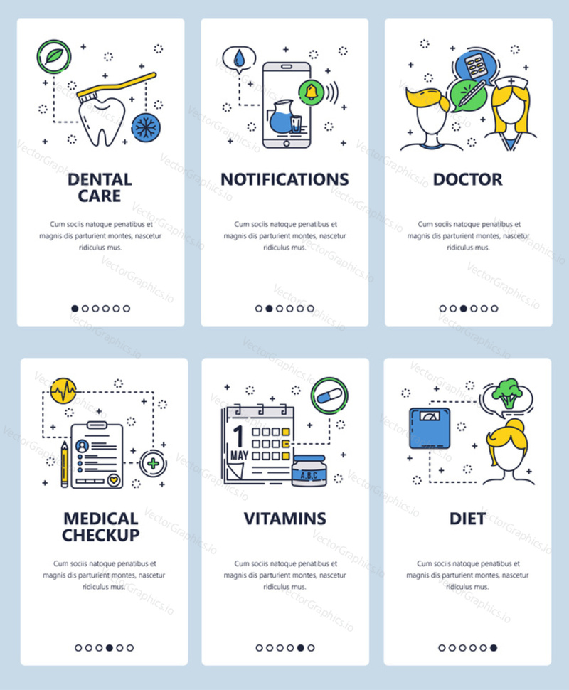 Vector web site linear art onboarding screens template. Healthcare and medical checkups, doctor, vitamins. Menu banners for website and mobile app development. Modern design flat illustration