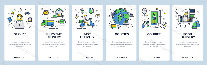 Web site onboarding screens. Fast shipping and food delivery. Menu vector banner template for website and mobile app development. Modern design flat illustration