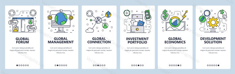 Web site onboarding screens. Global connection, investment and economy. Menu vector banner template for website and mobile app development. Modern design flat illustration