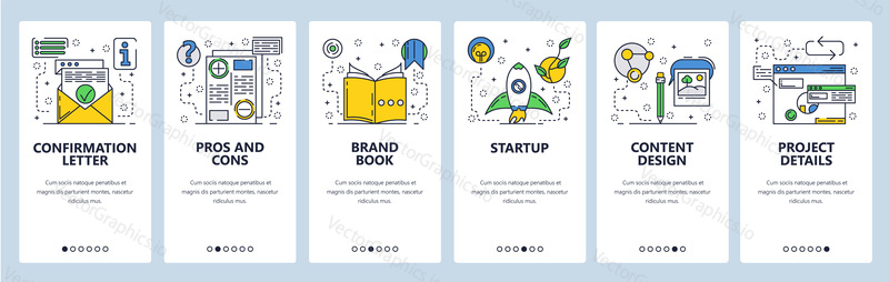 Web site onboarding screens. New project launch, pros and cons. Menu vector banner template for website and mobile app development. Modern design flat illustration