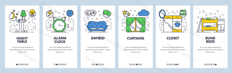 Web site onboarding screens. Room interior, sofa, curtains, bed and closet. Menu vector banner template for website and mobile app development. Modern design linear art flat illustration