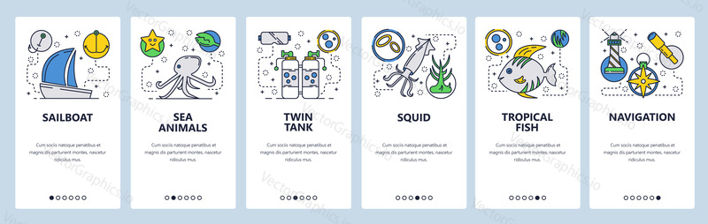 Web site onboarding screens. Sea Travel and beach vacation. Scuba diving and underwater animals. Menu vector banner template for website and mobile app development. Modern design flat illustration