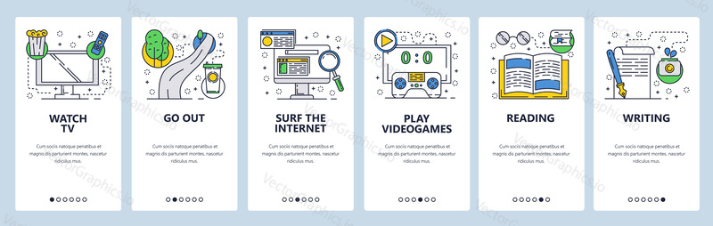 Web site onboarding screens. Leisure time, playing games, reading, watching TV. Menu vector banner template for website and mobile app development. Modern design linear art flat illustration
