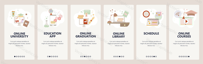 Web site onboarding screens. Online education, e-learning and digital library. Internet courses and tutorials. Menu vector banner template for website and mobile app development. flat illustration