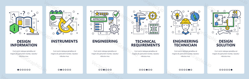 Web site onboarding screens. Construction, measurements and drawing tools. Menu vector banner template for website and mobile app development. Modern design linear art flat illustration