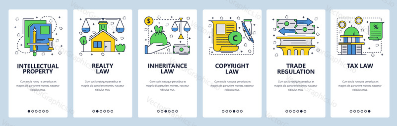 Web site onboarding screens. Law icons, copyright, intellectual property, trade, taxes and financial law. Menu vector banner template for website and mobile app development.