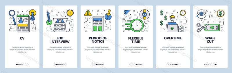 Web site onboarding screens. Job interview and CV. Working hours and overtime salary. Menu vector banner template for website and mobile app development. Modern design flat illustration
