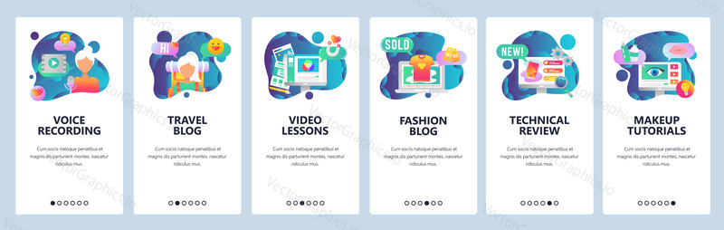 Web site onboarding screens. Social media, travel blog, podcast and video blog, fashion and makeup tutorial. Menu vector banner template for website and mobile app development.