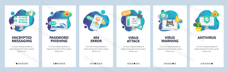 Web site onboarding screens. Cyber security, virus attack and phishing. Antivirus and encrypted messaging. Menu vector banner template for website and mobile app development. flat illustration