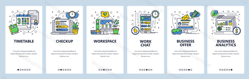 Web site onboarding screens. Office workplace, business analytics, deadline and work chat. Menu vector banner template for website and mobile app development.