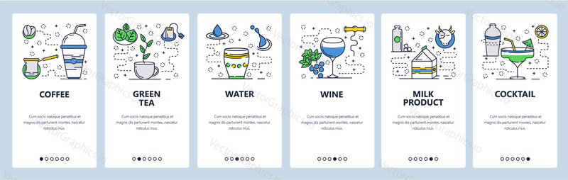 Web site onboarding screens. Drinks menu in bar or restaurant. Menu vector banner template for website and mobile app development. Modern design linear art flat illustration.