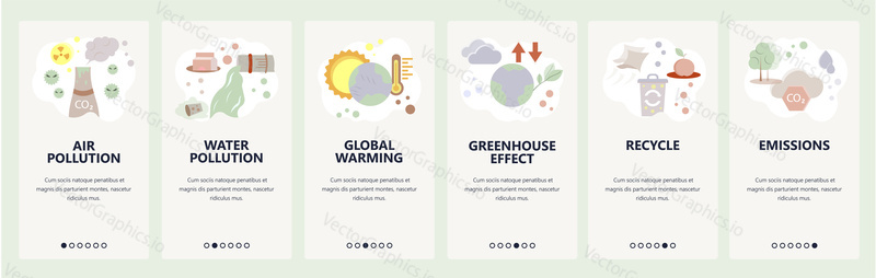 Web site onboarding screens. Air pollution and global warming problems. Ecology, recycle, industry gas emissions. Menu vector banner template for website and mobile app development.