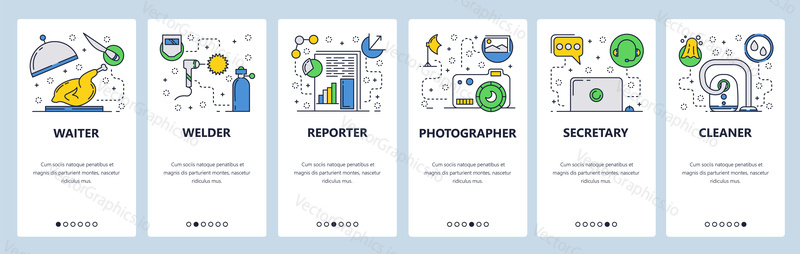 Web site onboarding screens. Different jobs and professions. Menu vector banner template for website and mobile app development. Modern design flat illustration