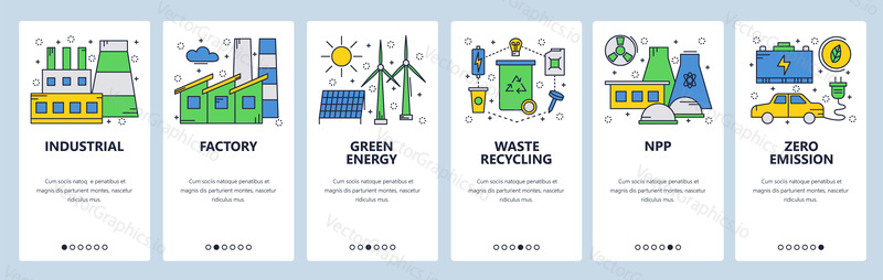 Web site onboarding screens. Green and renewable energy. Power station and zero emission. Menu vector banner template for website and mobile app development