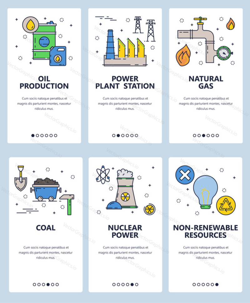 Vector web site linear art onboarding screens template. Energy sources and power plants. Nuclear, gas and coal power stations. Menu banners for website and mobile app development