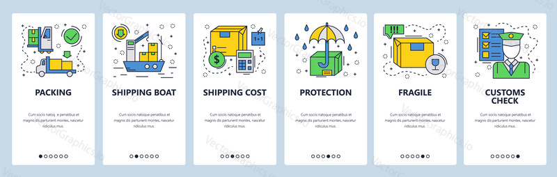 Web site onboarding screens. Worldwide delivery, cargo ship and custom. Menu vector banner template for website and mobile app development. Modern design linear art flat illustration