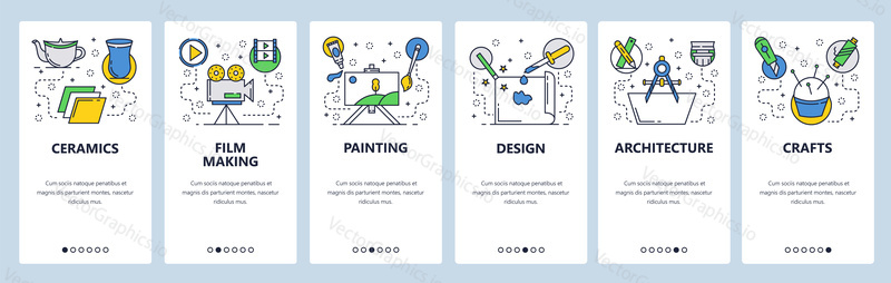 Web site onboarding screens. Hobby and art professions, ceramics, crafts, painting, design. Menu vector banner template for website and mobile app development.