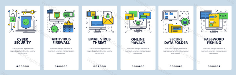 Web site onboarding screens. Cyber security, antivirus and firewall protection, secure access, privacy, password. Menu vector banner template for website and mobile app development.