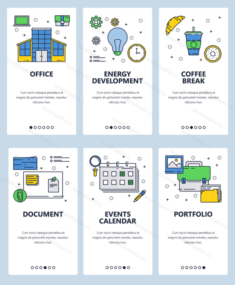 Vector web site linear art onboarding screens template. Office and business icons. Menu banners for website and mobile app development. Modern design flat illustration