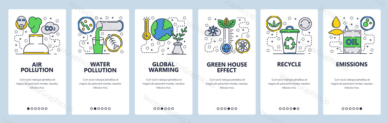 Web site onboarding screens. Global warming, environment pollution and waste recycle. Menu vector banner template for website and mobile app development. Modern design linear art flat illustration