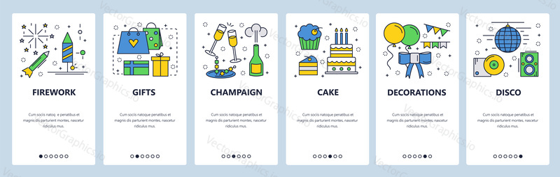 Web site onboarding screens. Birthday celebration party, fireworks, gifts, cake and decorations. Menu vector banner template for website and mobile app development.
