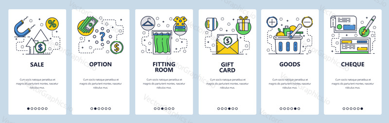 Web site onboarding screens. Shopping, sales and grocery store. Money payment and banking. Menu vector banner template for website and mobile app development. Modern design flat illustration