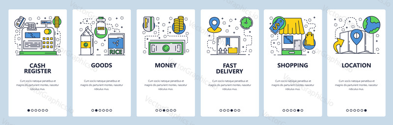 Web site onboarding screens. Online shopping and money payment. Menu vector banner template for website and mobile app development. Modern design linear art flat illustration