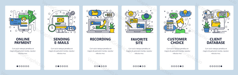 Web site onboarding screens. Online payments, sending emails and message. Voice recording and customer support chat. Menu vector banner template for website and mobile app development.