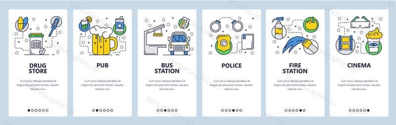 Web site onboarding screens. City services and infrastructure. Menu vector banner template for website and mobile app development. Modern design linear art flat illustration