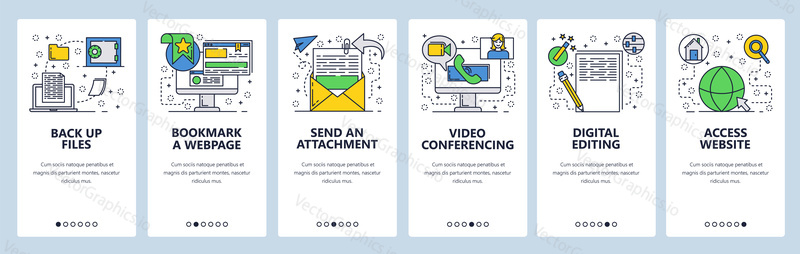 Web site onboarding screens. Files and computer services. Menu vector banner template for website and mobile app development. Modern design linear art flat illustration