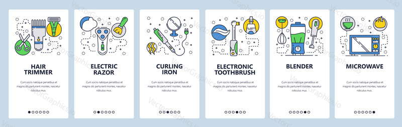 Web site onboarding screens. Home kitchen and bathroom appliances, trimmer, iron, blender, microwave. Menu vector banner template for website and mobile app development.