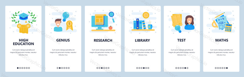 Web site onboarding screens. Education, high school and college icons. Menu vector banner template for website and mobile app development. Modern design linear art flat illustration