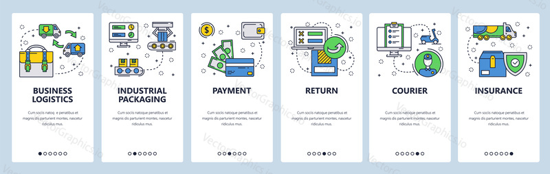 Web site onboarding screens. Business logistics, packaging and delivery. Menu vector banner template for website and mobile app development. Modern design linear art flat illustration