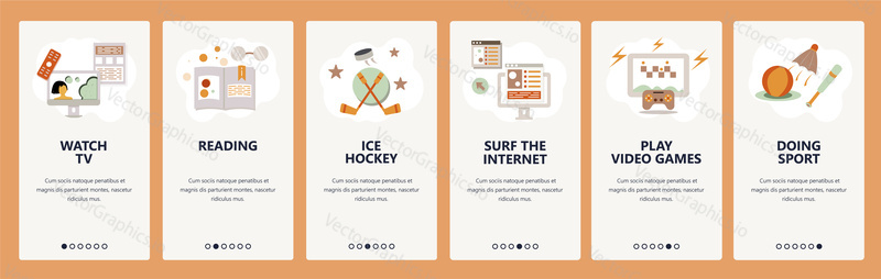 Web site onboarding screens. Hobby and leisure activity. Reading. playing games and watching TV. Menu vector banner template for website and mobile app development. Modern design flat illustration