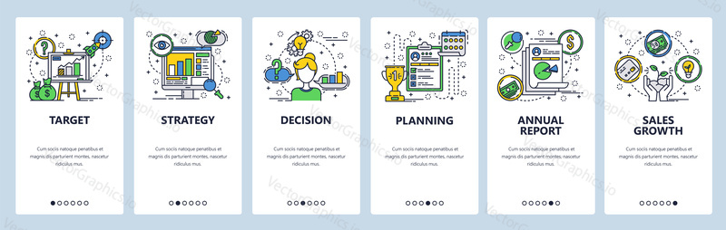 Web site onboarding screens. Company business strategy planning and financial report. Menu vector banner template for website and mobile app development. Modern design linear art flat illustration