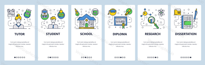 Web site onboarding screens. School education, student and tutor. Graduation and diploma research. Menu vector banner template for website and mobile app development. Modern design flat illustration